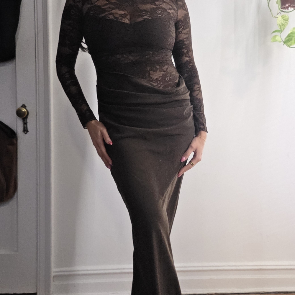 Showpo Brown Long Sleeve Lace Dress